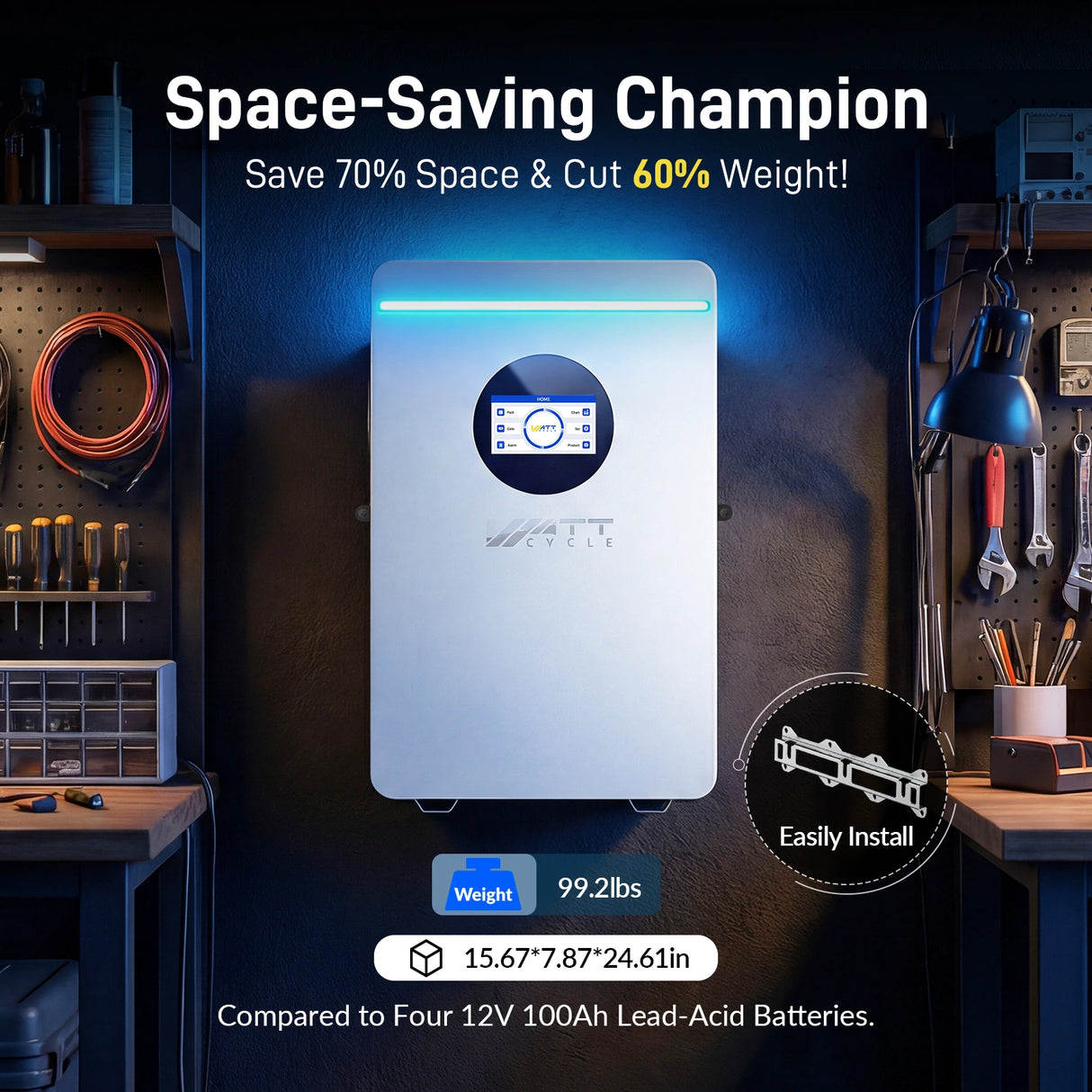 WattCycle 5.12kWh 48V 100Ah Wall-Mount LiFePO4 Battery – Bluetooth, UL 1973, Active Balancing & RS485/CAN Communication