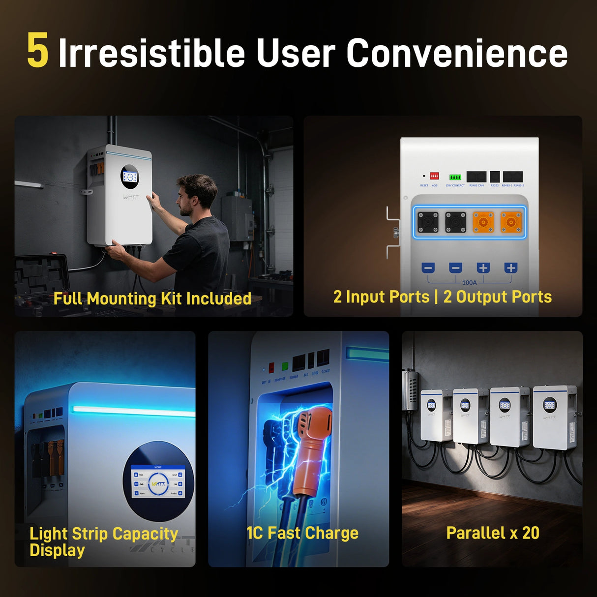 WattCycle 5.12kWh 48V 100Ah Wall-Mount LiFePO4 Battery – Bluetooth, UL 1973, Active Balancing & RS485/CAN Communication