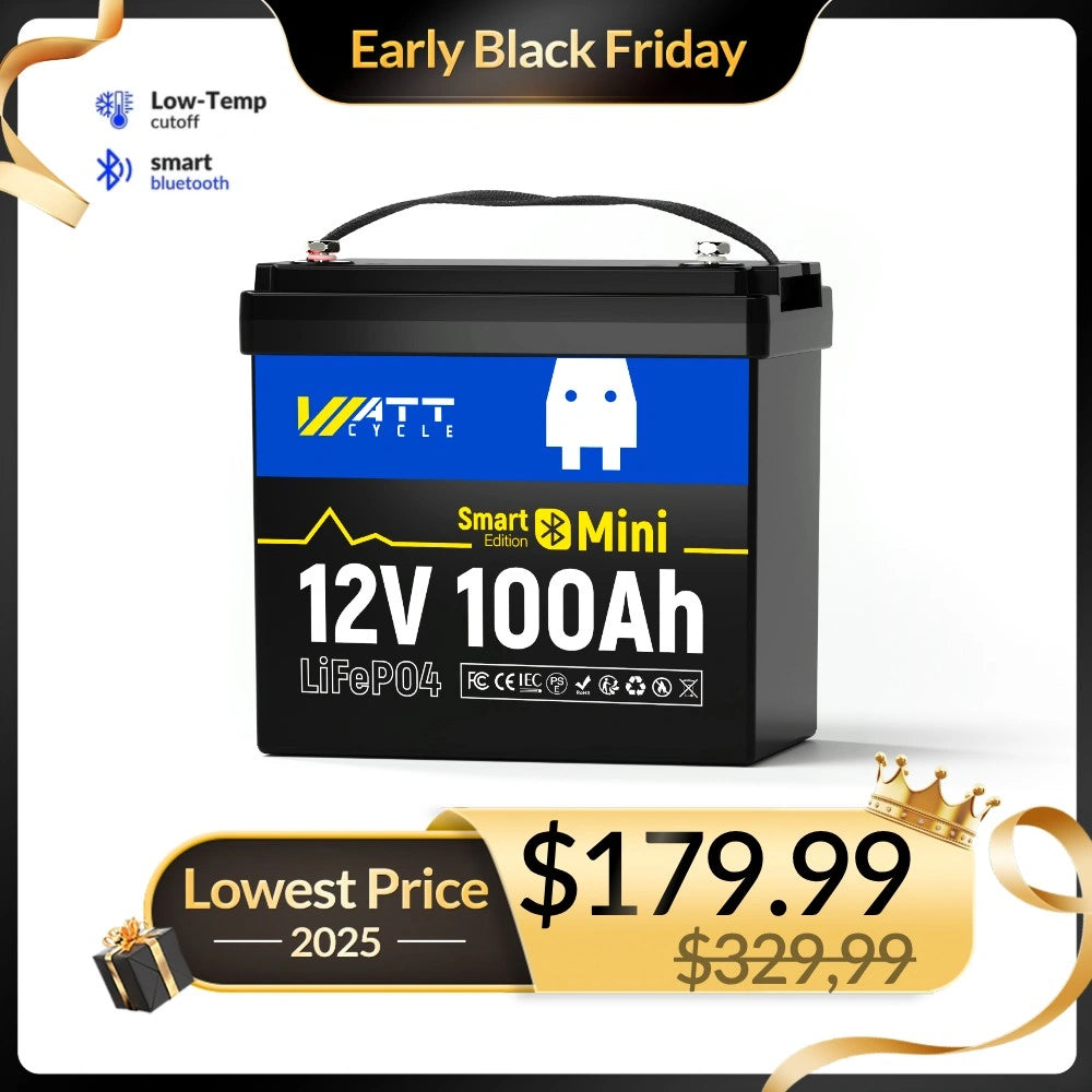 Wattcycle 12V 100Ah Mini Bluetooth LiFePO4 Battery Group 22NF Lightweight Compact Power
