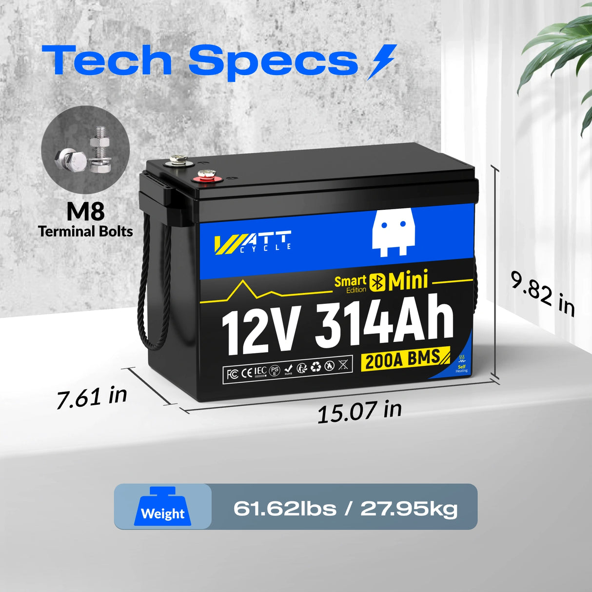 Wattcycle 12V 314Ah Mini Self-Heating & Bluetooth LiFePO4 Battery