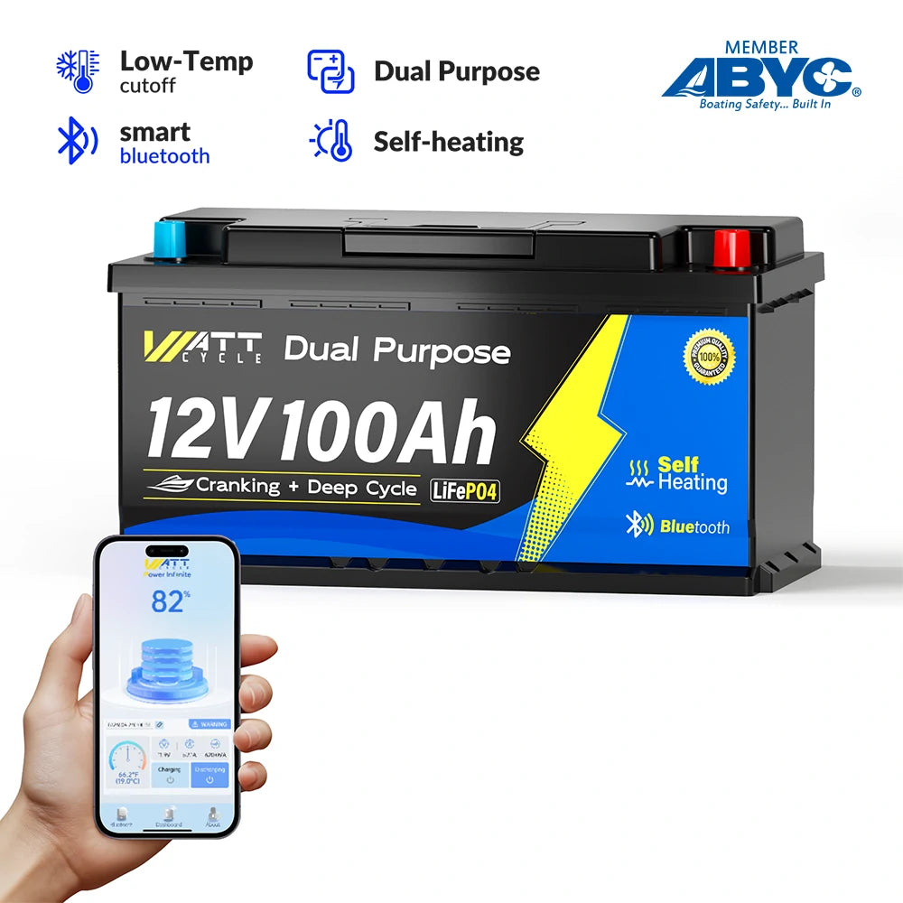 12V 100Ah 1200CCA Dual Purpose Marine Cranking Battery with Bluetooth and Self-heating