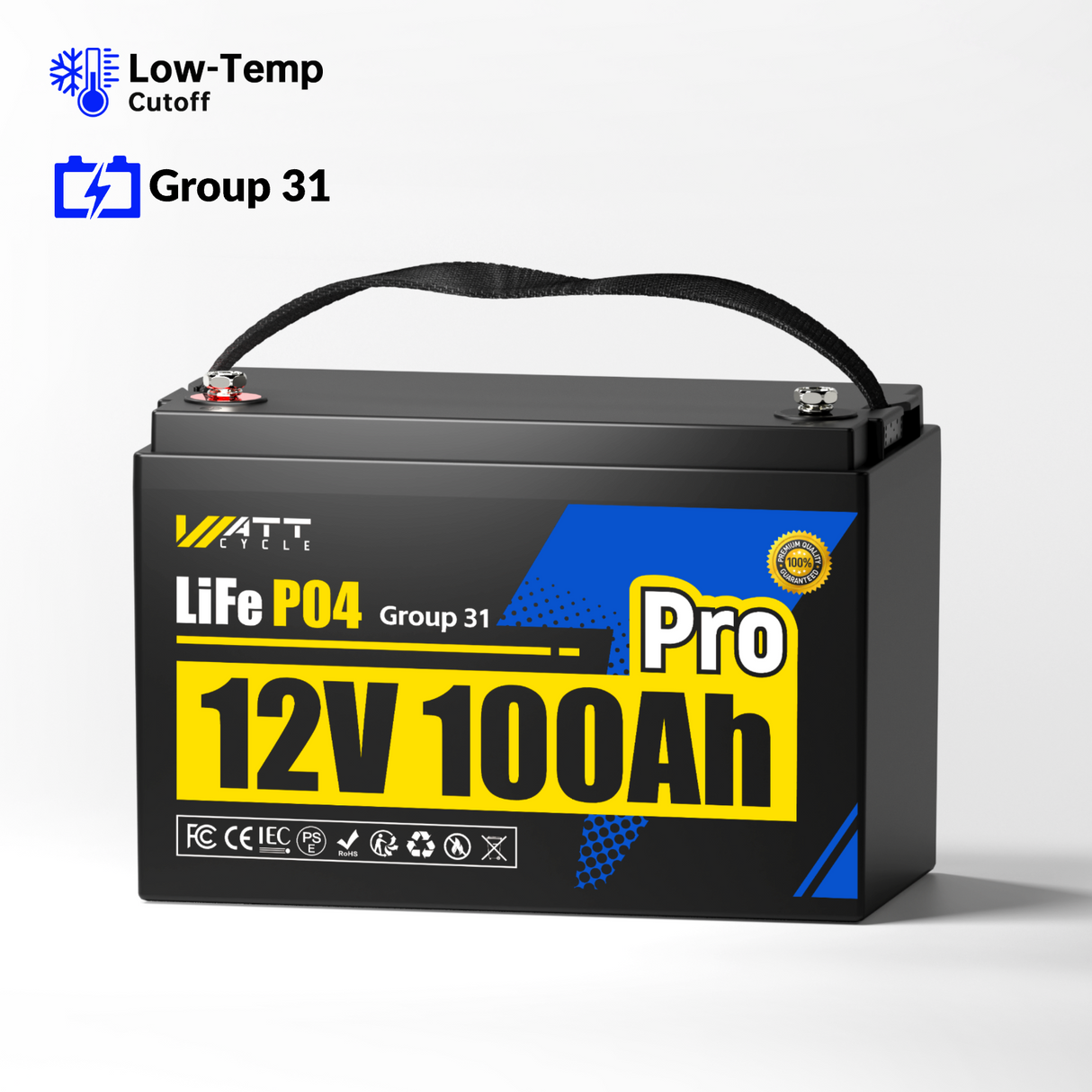 Wattcycle 12V 100Ah Pro Group 31 LiFePO4 Battery with 110A BMS Upgrade