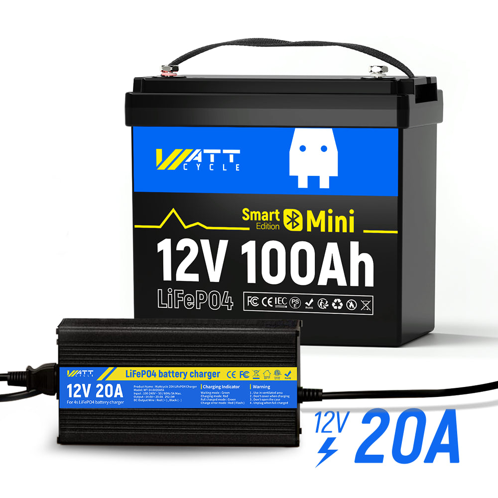 Wattcycle 12V 100Ah Mini Bluetooth LiFePO4 Battery Group 22NF Lightweight Compact Power