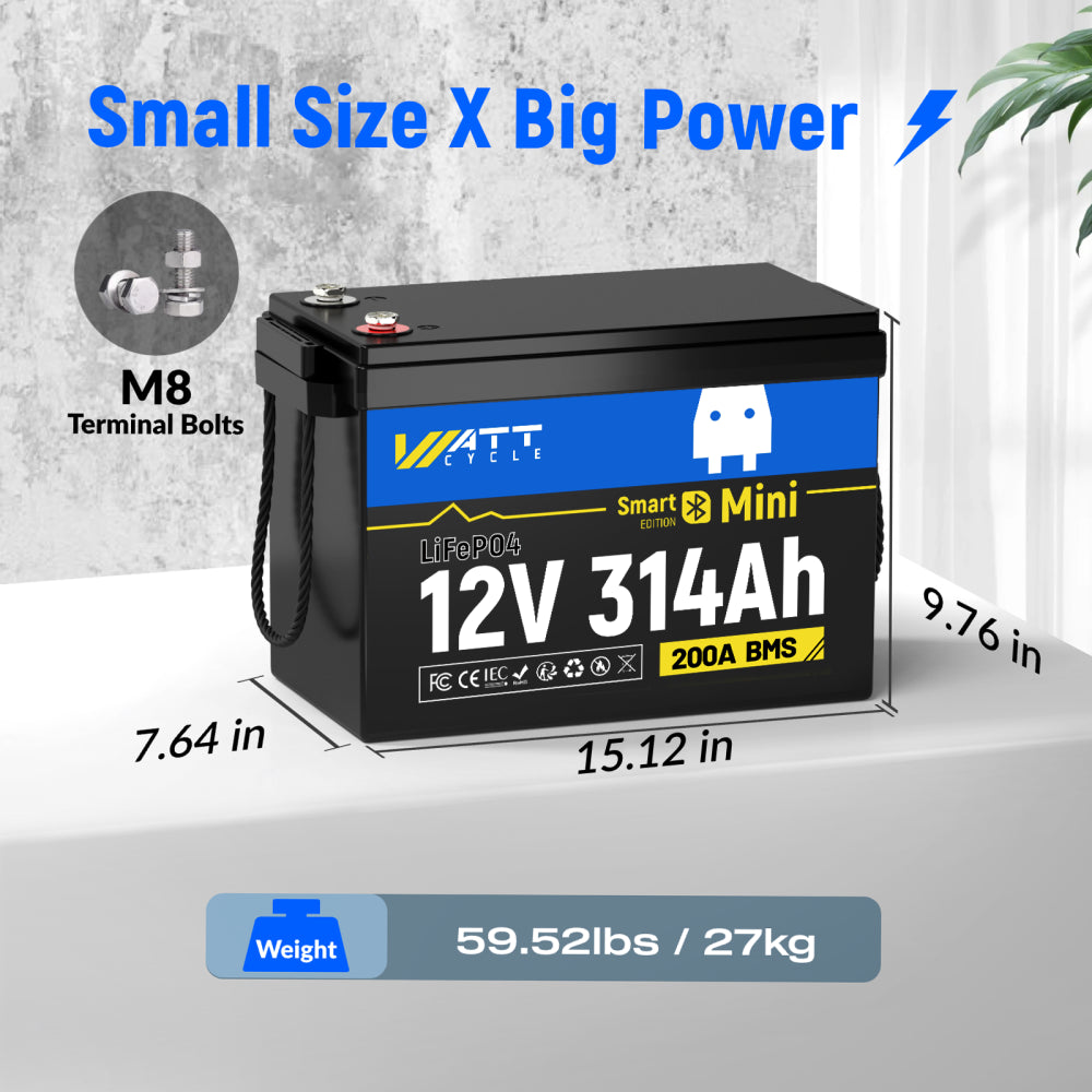 ⚡️Doorbuster: $469.99⚡️Wattcycle 12V 314Ah Mini Bluetooth LiFePO4 Battery for RV, Marine, Solar & Off-Grid