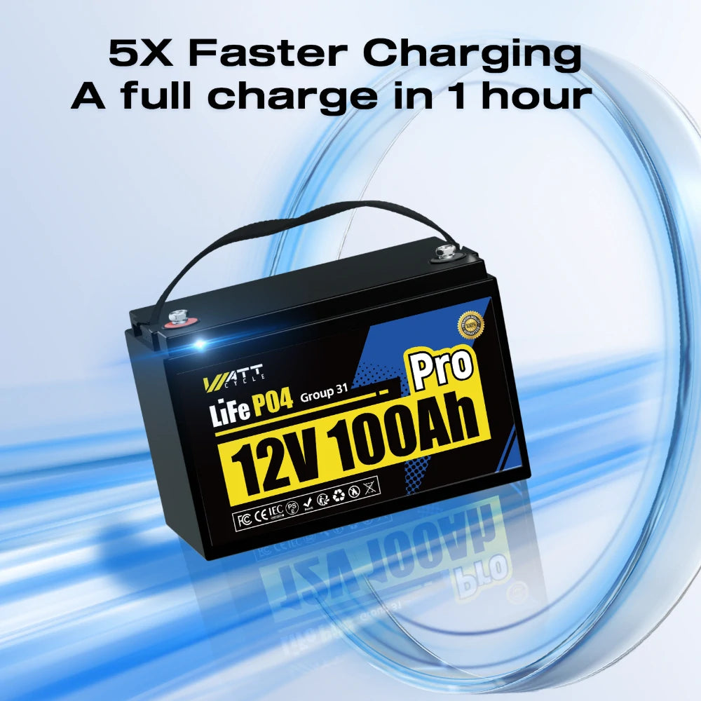 Wattcycle 12V 100Ah Pro Group 31 LiFePO4 Battery with 110A BMS Upgrade