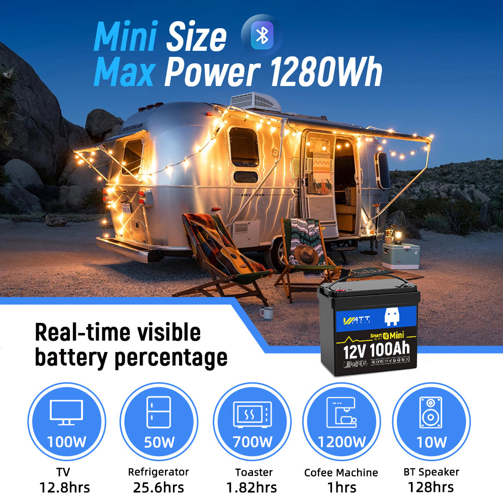 Wattcycle 12V 100Ah Mini Bluetooth LiFePO4 Battery Group 22NF Lightweight Compact Power