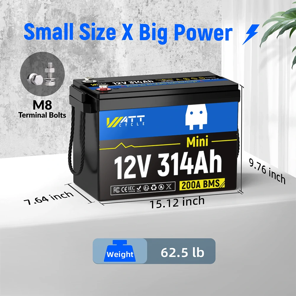 Wattcycle 12V 314Ah Mini LiFePO4 Deep Cycle Battery