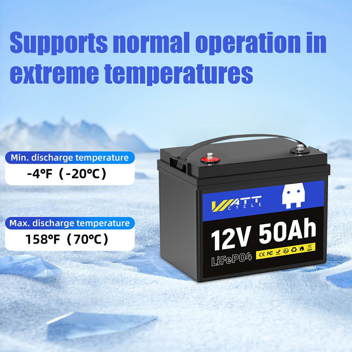 Wattcycle 12V 50Ah LiFePO4 Battery with Low-Temp Protection