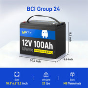 WattCycle 12V 100Ah Group 24 LiFePO4 Battery for RV Solar, Trolling Motor & Off Grid