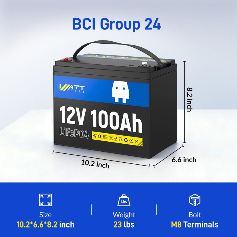 WattCycle 12V 100Ah Group 24 LiFePO4 Battery for RV Solar, Trolling Motor & Off Grid