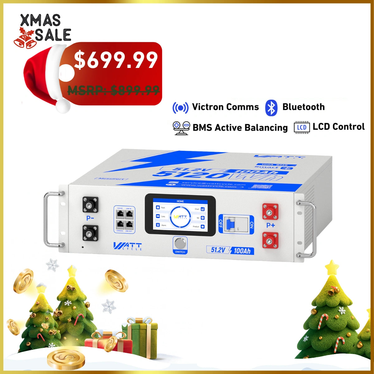 Upgrade Gen2 48V 100Ah LiFePO₄ Server Rack Battery – Active Balancing, LCD, Bluetooth & Smart Comms