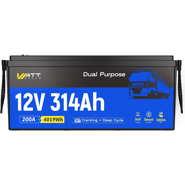 WattCycle 12V 314Ah Group 4D Dual Purpose Battery | 1800 CCA, Self-Heating & Bluetooth | Heavy-Duty Marine & Truck Starter