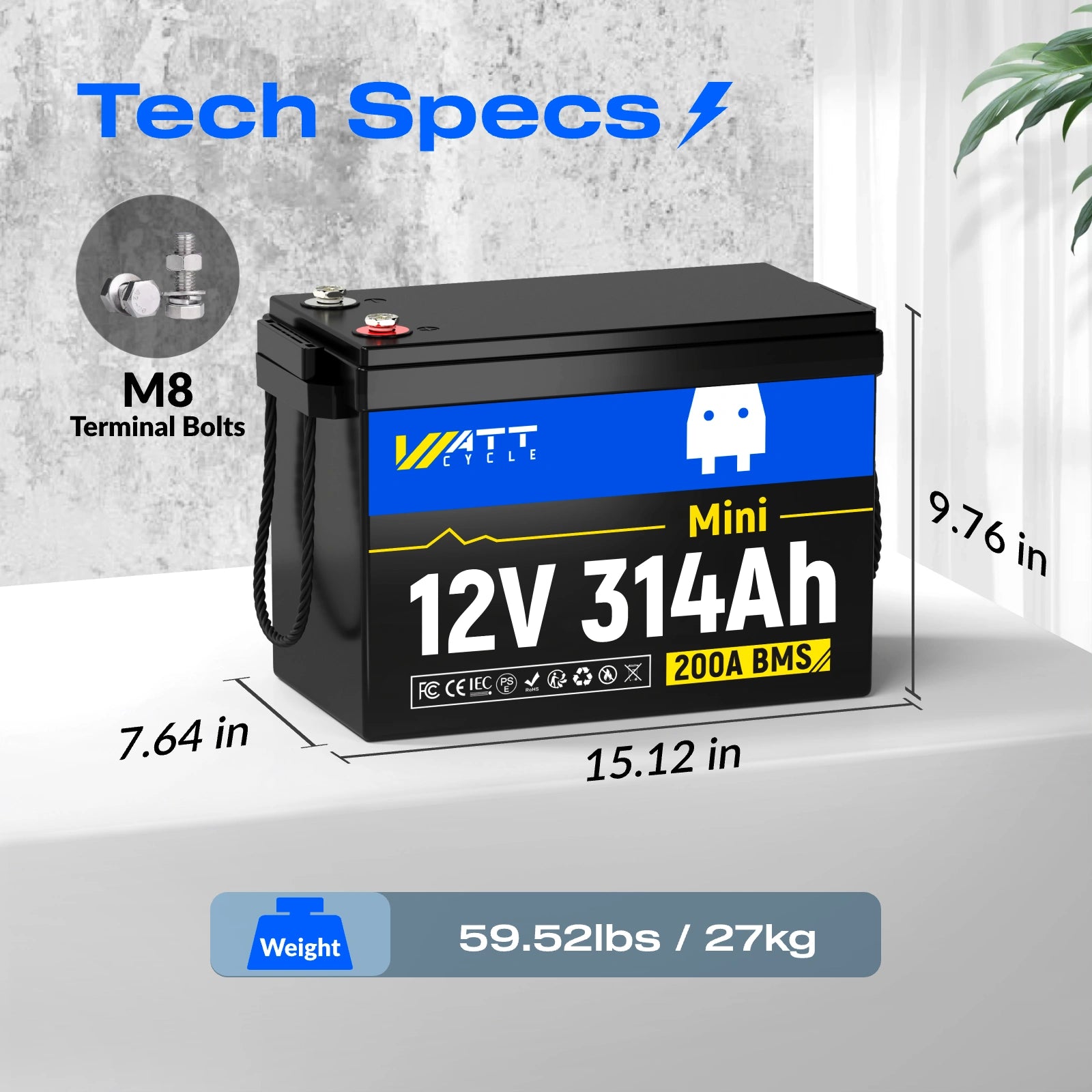[Bluetooth-Free Version] Wattcycle 12V 314Ah Mini LiFePO4 Deep Cycle Battery