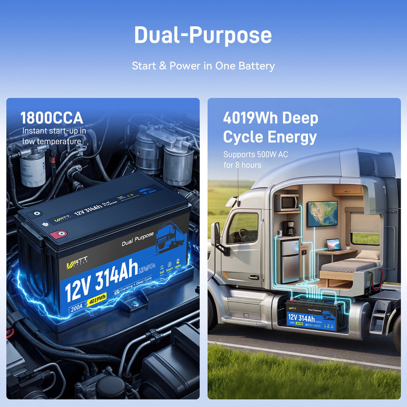 ⚡️Early Driver Price: $699⚡️WattCycle 12V 314Ah Dual Purpose LiFePO4 Battery for Semi Truck Starter & Sleeper Cab | 1800 CCA | Bluetooth & Self-Heating