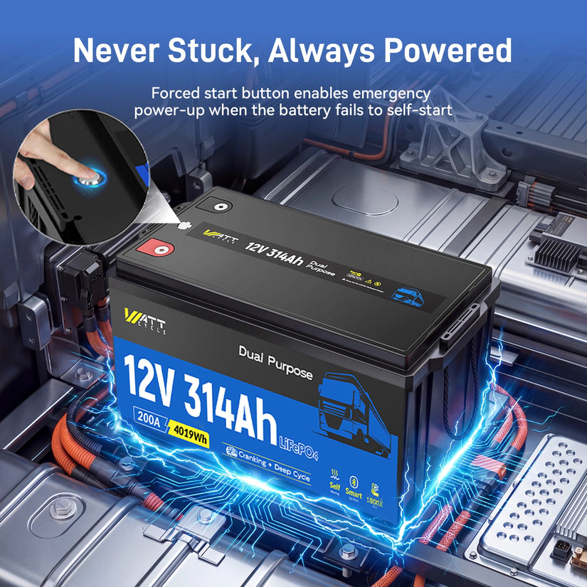 ⚡️Early Driver Price: $699⚡️WattCycle 12V 314Ah Dual Purpose LiFePO4 Battery for Semi Truck Starter & Sleeper Cab | 1800 CCA | Bluetooth & Self-Heating