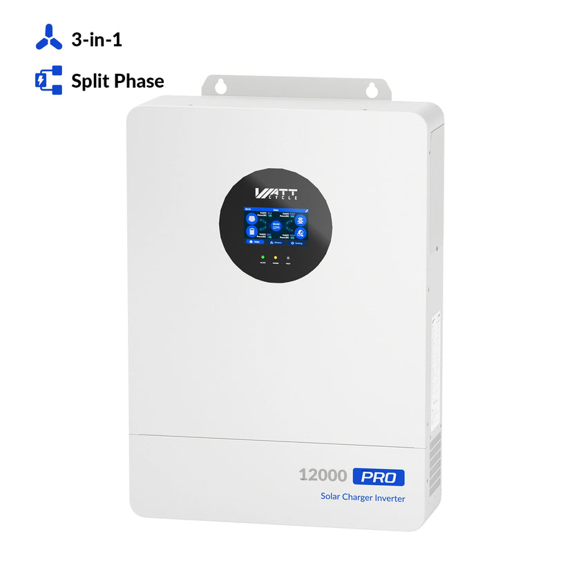WattCycle V2 48V 12kW All-in-one Split Phase Hybrid Inverter - 120/240V, 24kW Dual MPPT, 250A Charger, Wi-Fi connection