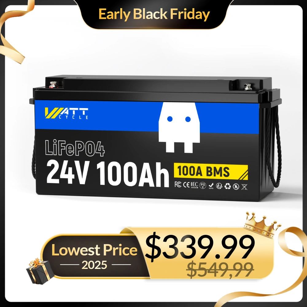 ⚡️Flash Sale: $339.99⚡️Wattcycle 24V 100Ah LiFePO4 Battery with Low-Temp Protection for Trolling Motor & Solar System