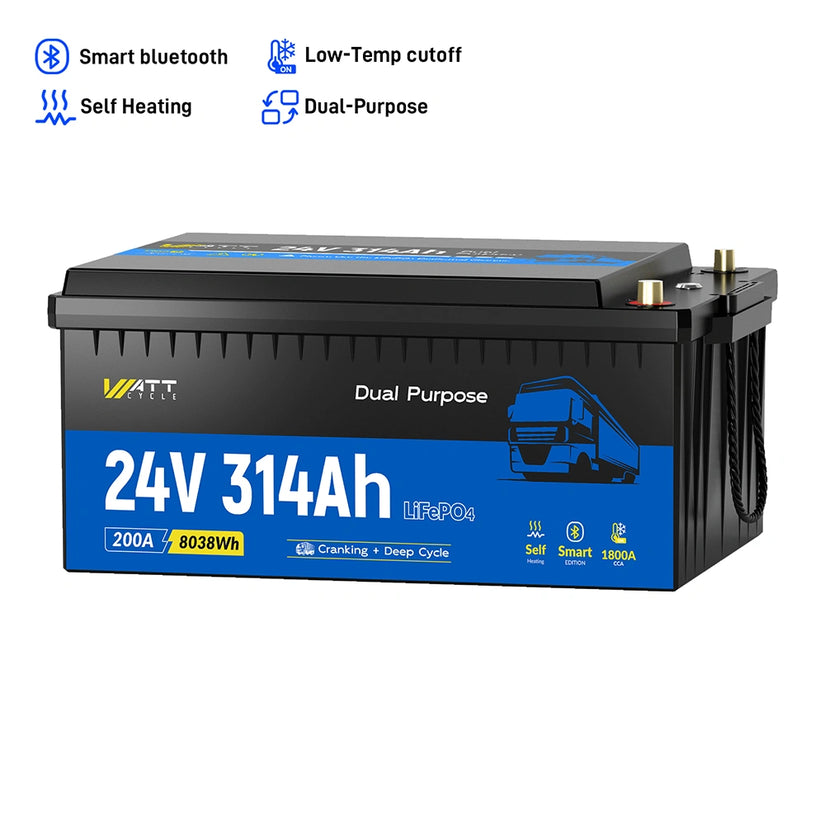 WattCycle 24V 314Ah Dual-Purpose LiFePO4 Battery for Heavy-Duty Vehicles With Bluetooth & Self-Heating
