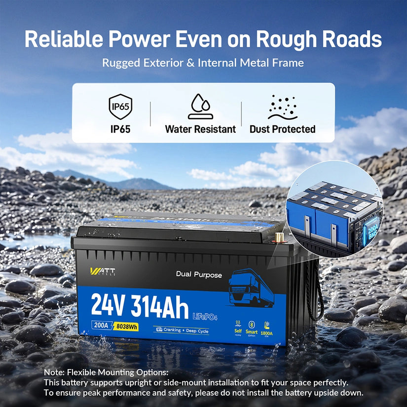 WattCycle 24V 314Ah Dual-Purpose LiFePO4 Battery for Heavy-Duty Vehicles With Bluetooth & Self-Heating