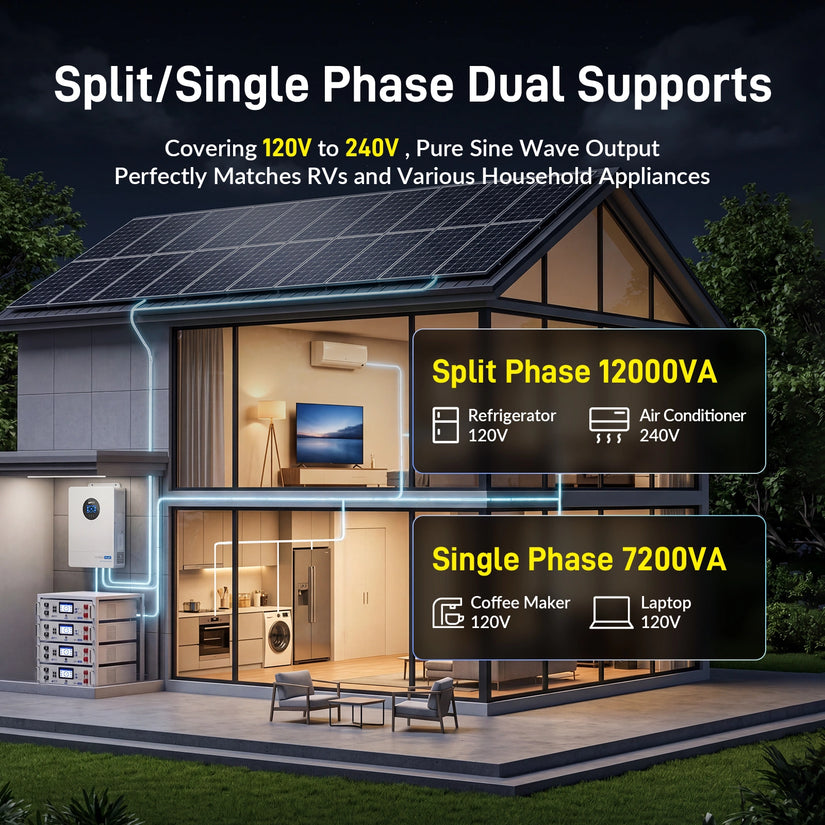 Upgrade V2: WattCycle 48V 12kW All-in-one Hybrid Inverter：Split Phase 120/240V, 24kW Dual MPPT, 250A Charger