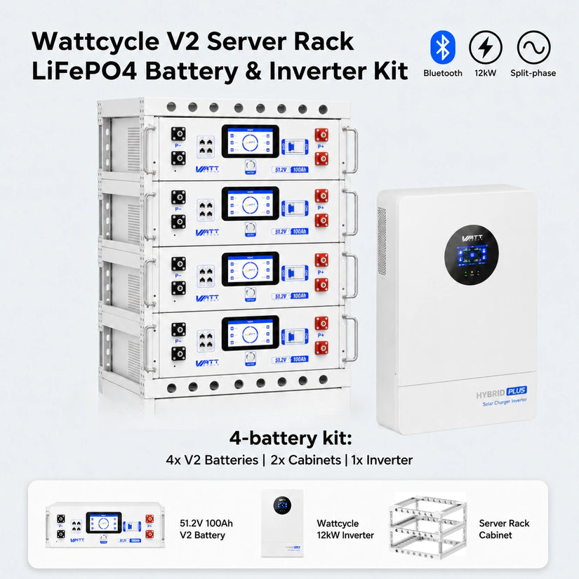 Wattcycle V2 48V 100Ah Server Rack Lithium Battery and 12kW Split Phase Solar Inverter Bundle Kit