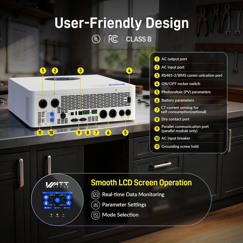 WattCycle V2 48V 12kW All-in-one Split Phase Hybrid Inverter - 120/240V, 24kW Dual MPPT, 250A Charger, Wi-Fi connection