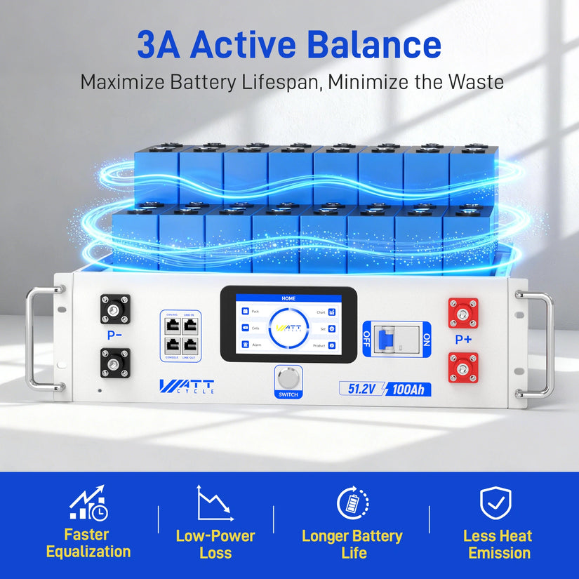 V2 WattCycle 48V 100Ah LiFePO₄ Rack Battery – Active Balancing | LCD | Bluetooth | Smart Comms | UL 1973