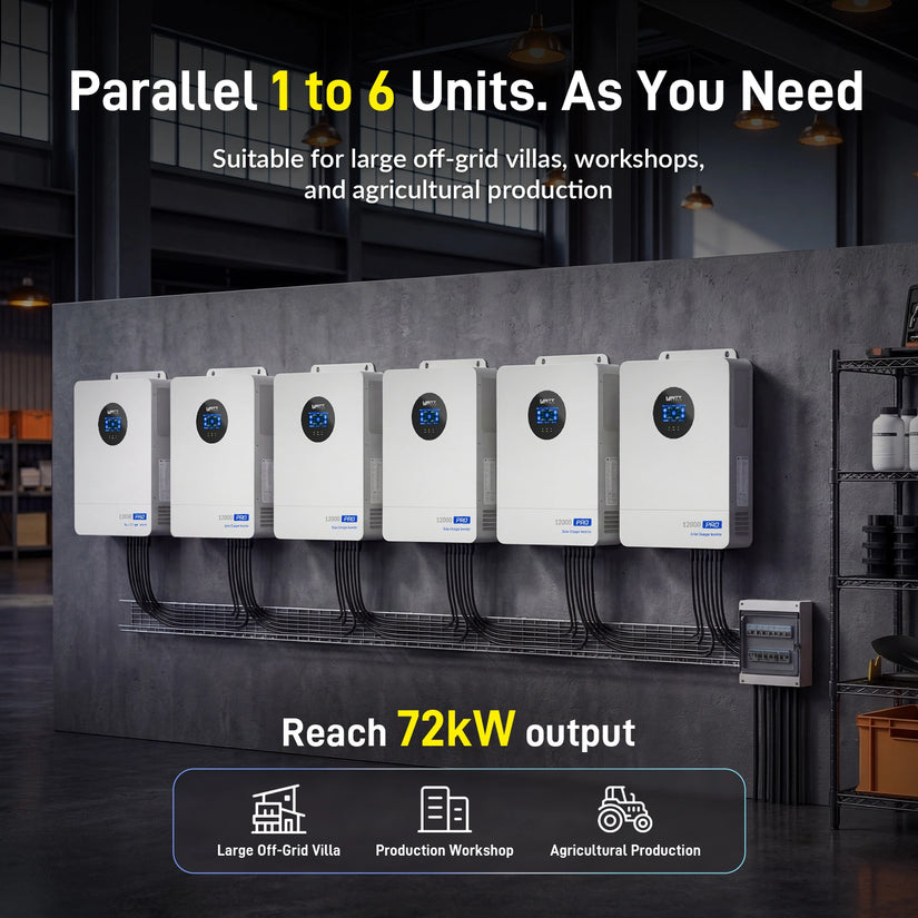 WattCycle V2 48V 12kW All-in-one Split Phase Hybrid Inverter - 120/240V, 24kW Dual MPPT, 250A Charger, Wi-Fi connection