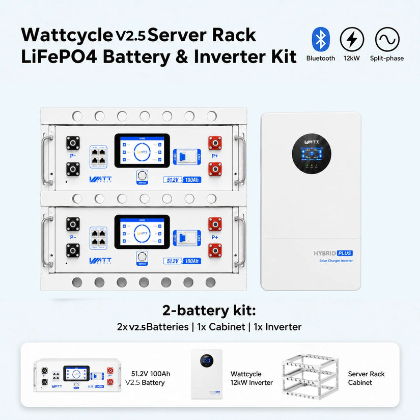 WattCycle V2.5 48V 100Ah Server Rack Lithium Battery and 12kW Split Phase Solar Inverter Bundle Kit