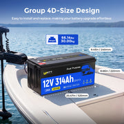 Batería de doble propósito WattCycle de 12 V y 314 Ah, grupo 4D | 1800 CCA, autocalentable y con Bluetooth | Arranque para embarcaciones y camiones de servicio pesado