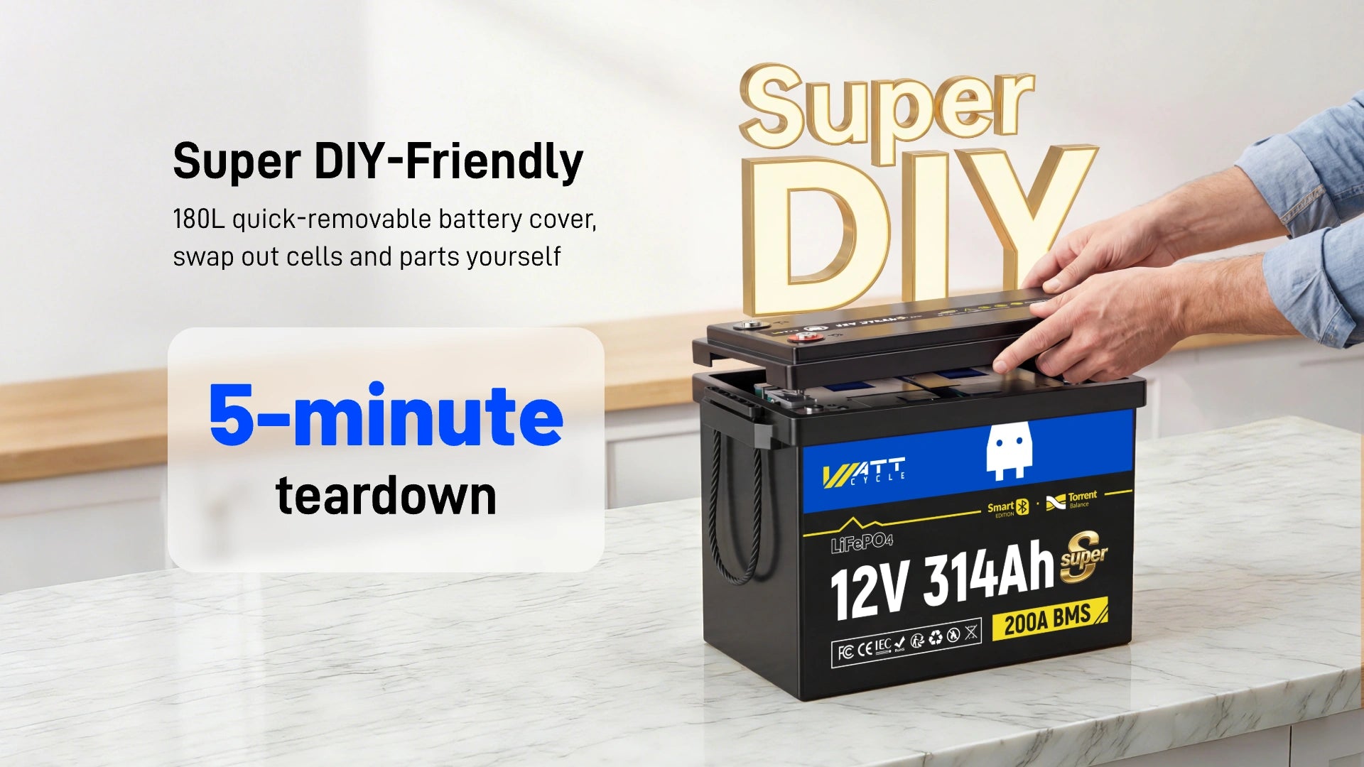 WattCycle 12V 314Ah Mini Super Powerhouse LiFePO4 Battery | 3A Active Balancer | Serviceable Case | Bluetooth & Low-Temp Protection