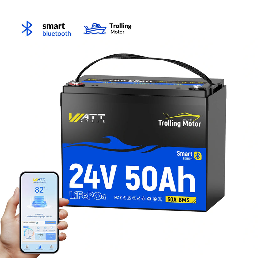 WattCycle 24V 50Ah TM Bluetooth LiFePO4 Battery for 70-100lb Marine Trolling Motor