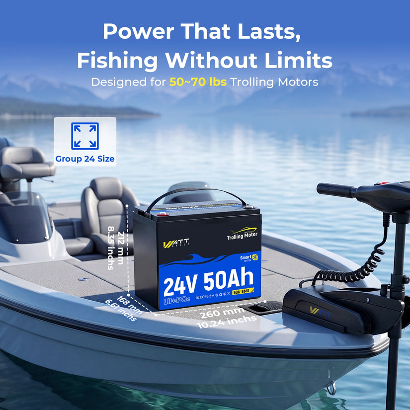 WattCycle 24V 50Ah TM Bluetooth LiFePO4 Battery for 70-100lb Marine Trolling Motor