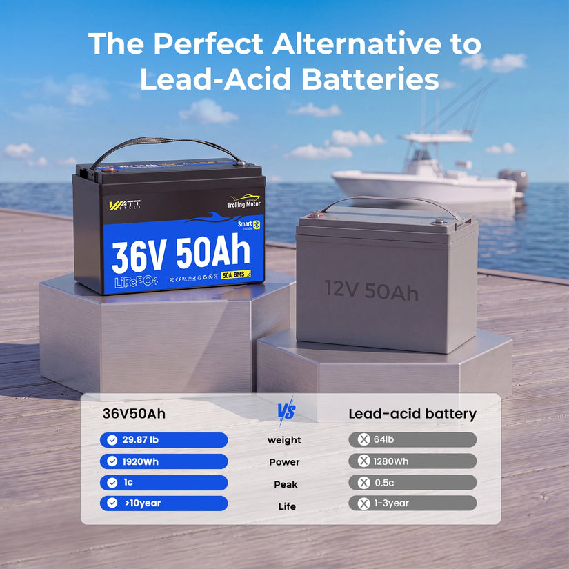 WattCycle 36V 50Ah TM Bluetooth LiFePO4 Battery for 100-120lb Trolling Motor