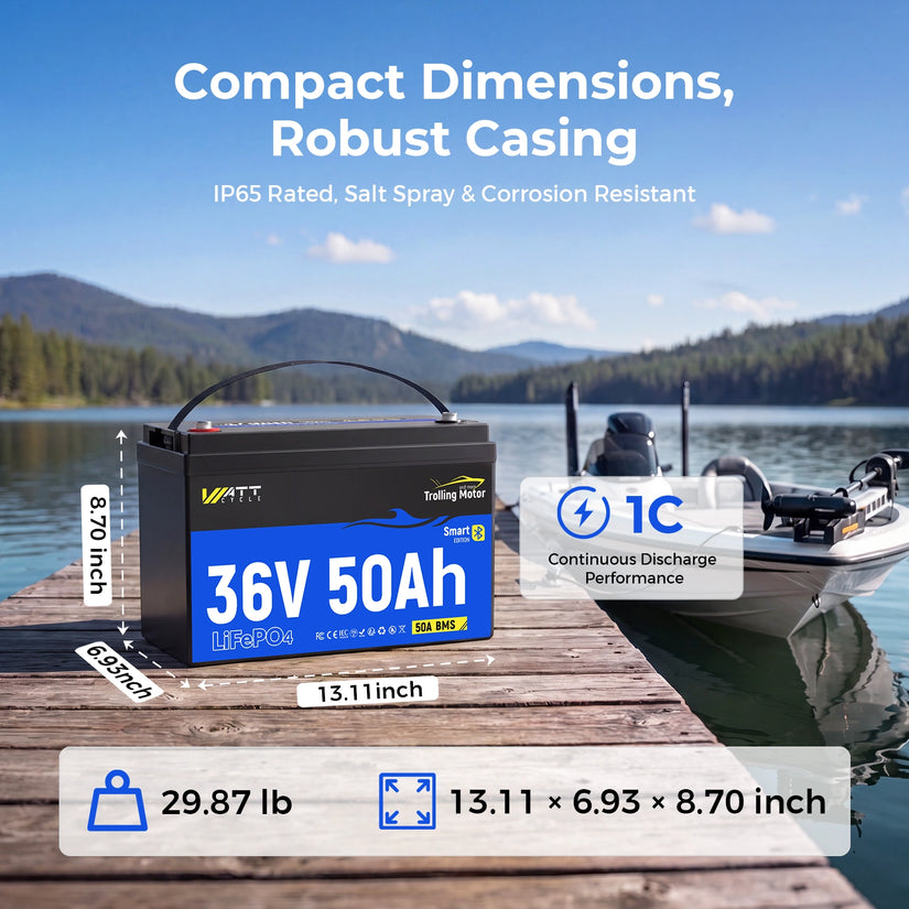 WattCycle 36V 50Ah TM Bluetooth LiFePO4 Battery for 100-120lb Trolling Motor