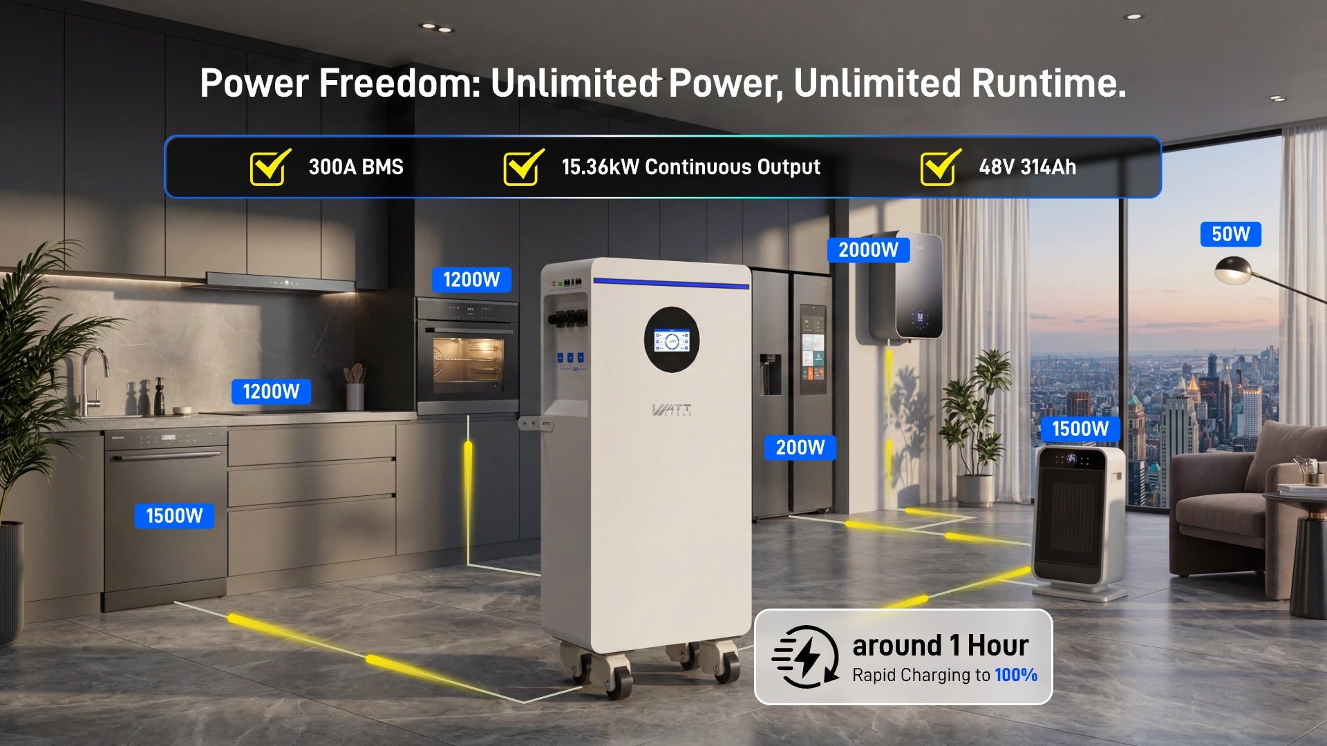 WattCycle 16kWh 48V 314Ah Floor Standing Bluetooth LiFePO4 - Active Balancing | CAN/RS485