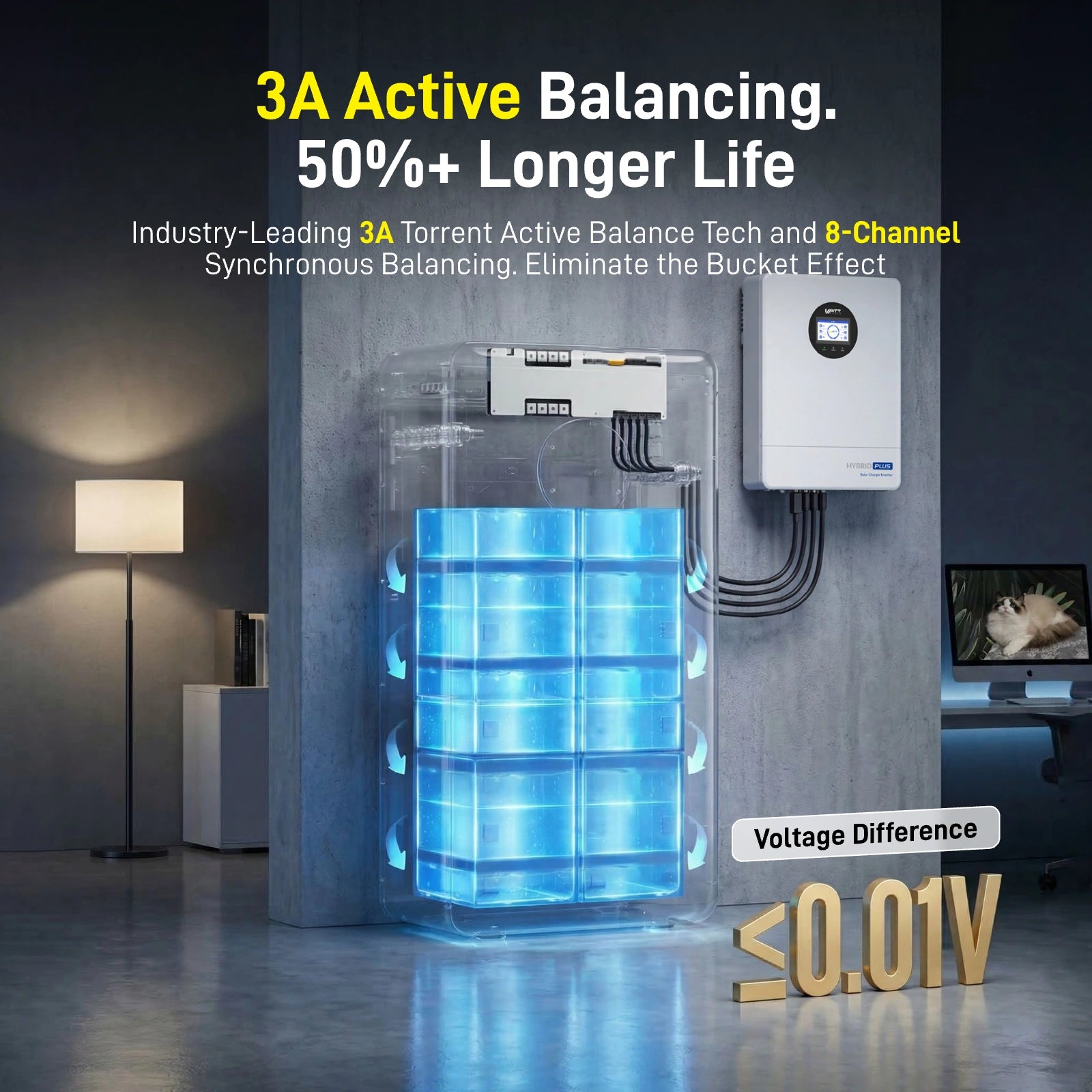 WattCycle 16kWh 48V 314Ah Wall-Mount Bluetooth LiFePO4 – UL 1973, Active Balancing & CAN/RS485 Communication