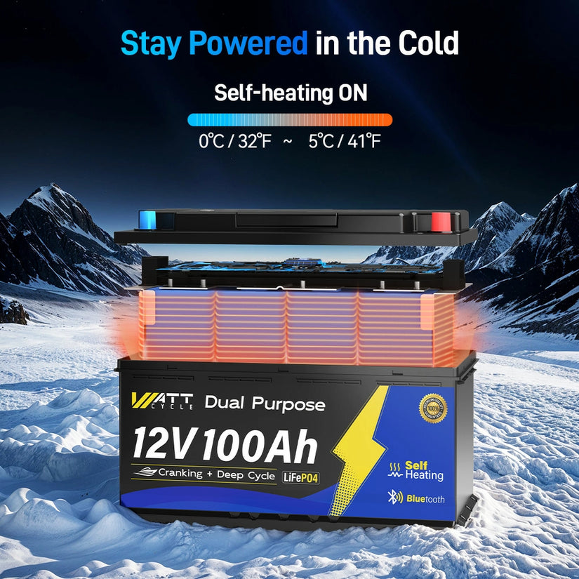 WattCycle 12V 100Ah 1200CCA Dual Purpose Marine Cranking Battery with Bluetooth and Self-heating