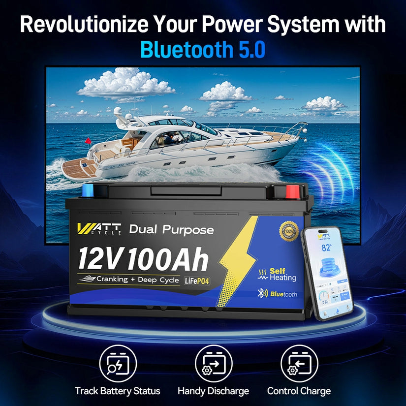 WattCycle 12V 100Ah 1200CCA Dual Purpose Marine Cranking Battery with Bluetooth and Self-heating