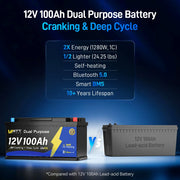 WattCycle 12V 100Ah 1200CCA Dual Purpose Marine Cranking Battery with Bluetooth and Self-heating