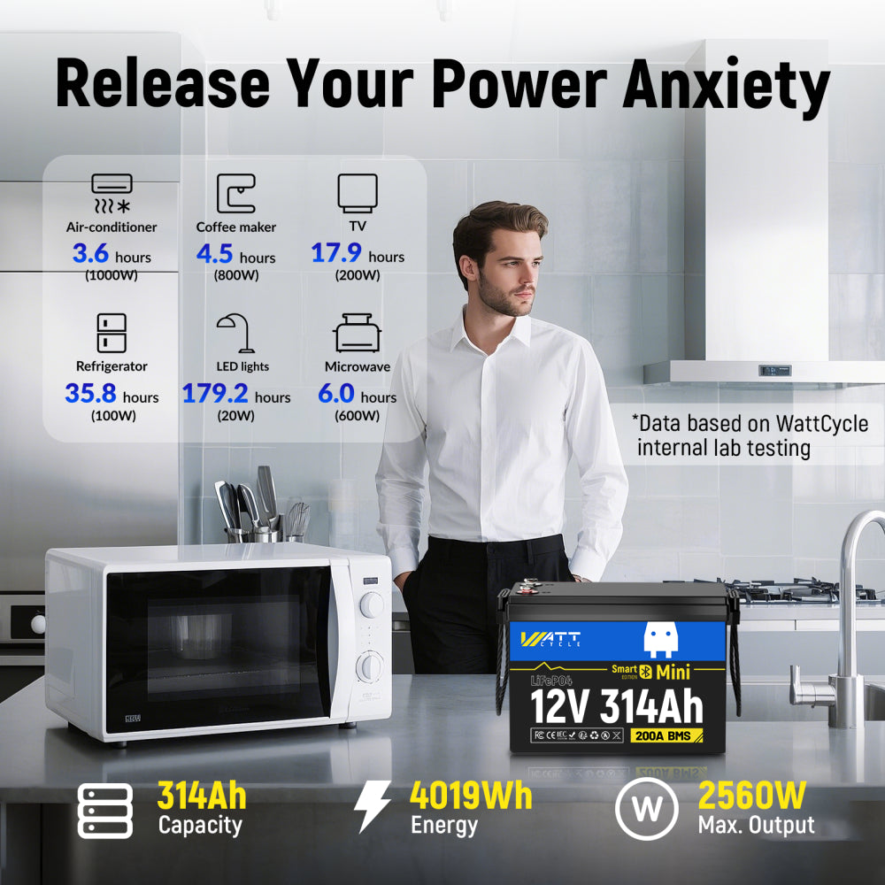 【Automatic $40 OFF/ PACK】WattCycle 12V 314Ah LiFePO4 Battery with Bluetooth