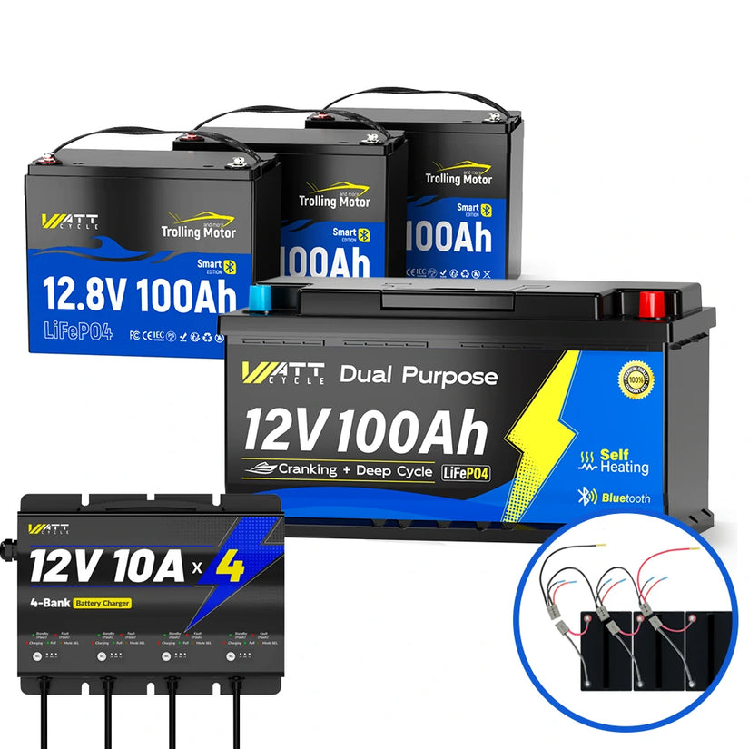 In parallel 3 x 12V 100Ah LiFePO4 Dual Purpose Battery for Trolling Motors Kit