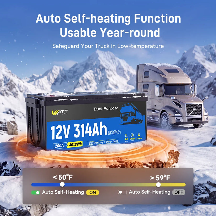 ⚡️Early Driver Price: $699⚡️WattCycle 12V 314Ah Dual Purpose LiFePO4 Battery for Semi Truck Starter & Sleeper Cab | 1800 CCA | Bluetooth & Self-Heating