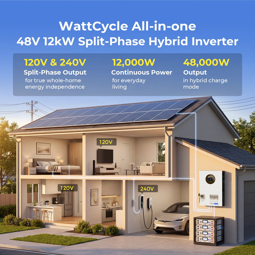 WattCycle 12kW Split-Phase Inverter with 200A Grid Bypass - 24kW Dual MPPT & 250A Hybrid Charging
