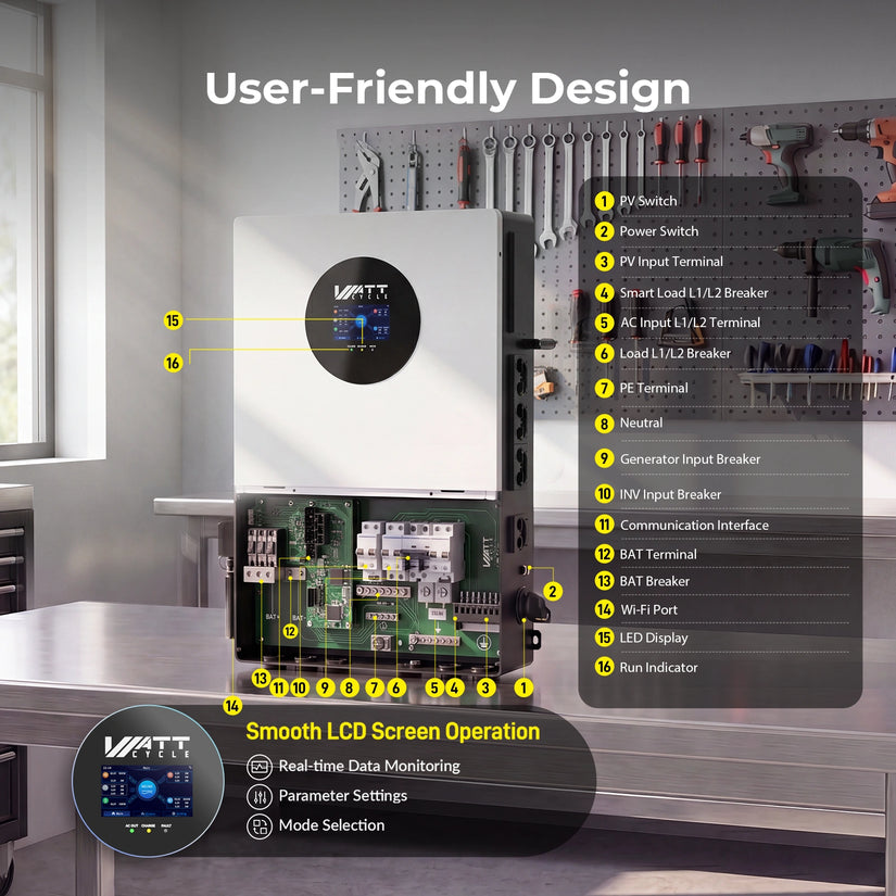 WattCycle 12kW Split-Phase Inverter with 200A Grid Bypass - 24kW Dual MPPT & 250A Hybrid Charging