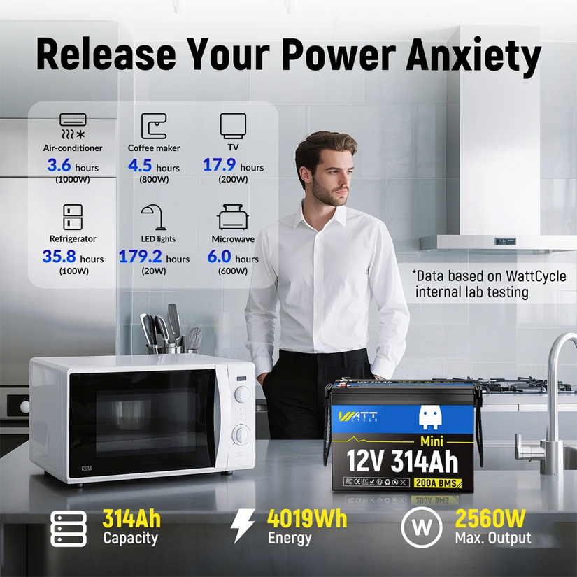 [👍 Bestseller] WattCycle 12V 314Ah Mini Basic LiFePO₄ Battery – Compact Size, High Capacity