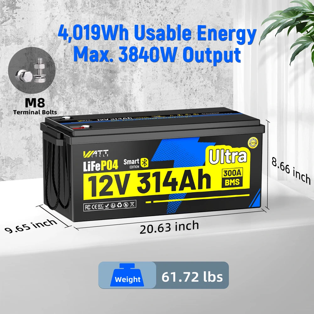 Wattcycle 12V 628Ah Ultra Bluetooth LiFePO₄ Battery - 8038Wh Storage