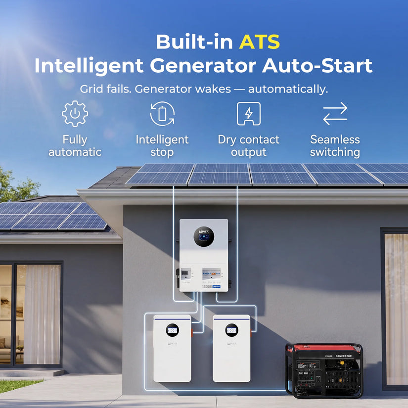Inversor todo en uno WattCycle Super de 12 kW, de fase dividida, con Wi-Fi y bypass de red de 200 A; MPPT dual de 24 kW y carga híbrida de 250 A