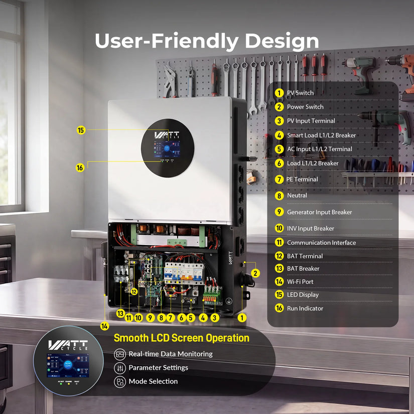 Inversor todo en uno WattCycle Super de 12 kW, de fase dividida, con Wi-Fi y bypass de red de 200 A; MPPT dual de 24 kW y carga híbrida de 250 A