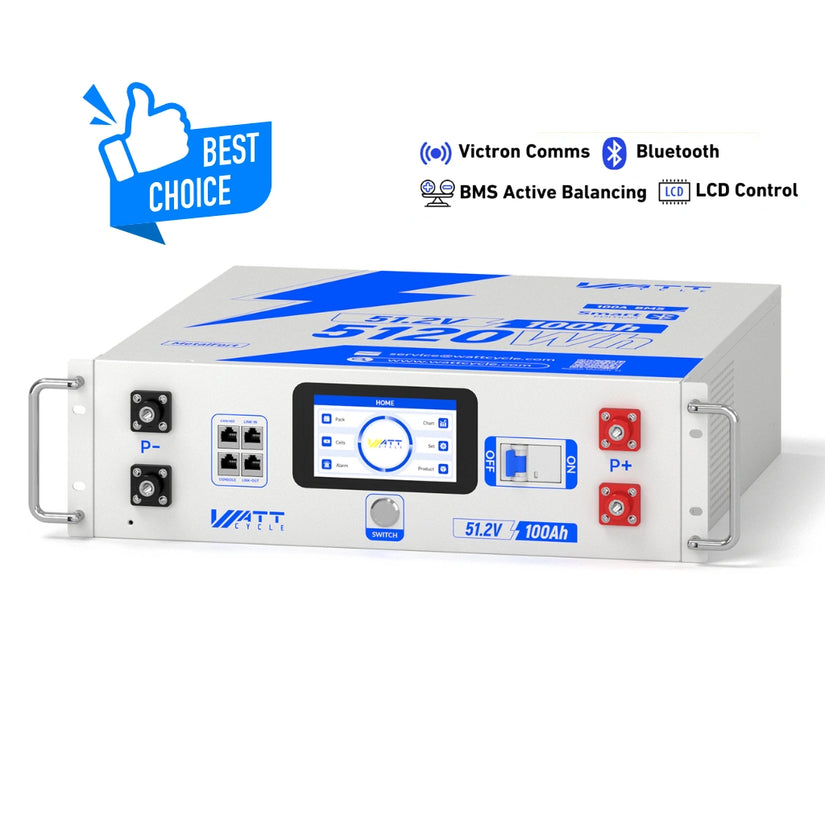 V2 WattCycle 48V 100Ah LiFePO₄ Rack Battery – Active Balancing | LCD | Bluetooth | Smart Comms | UL 1973